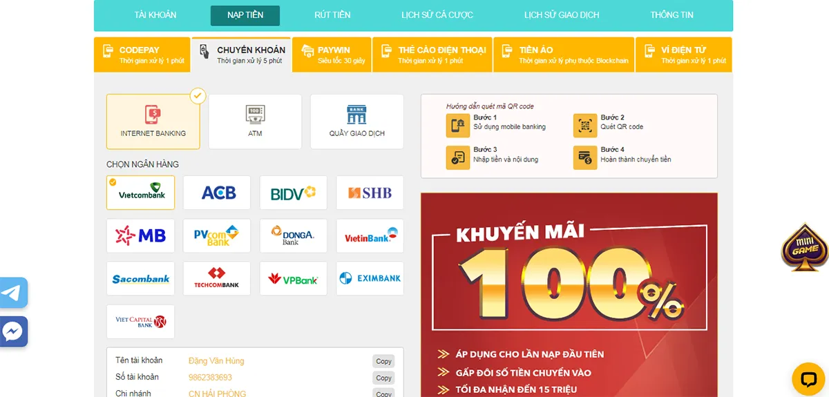cách nạp tiền chuyển khoản tại five88