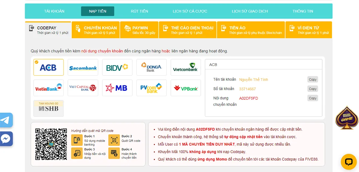 Hướng dẫn nạp tiền code pay tại five88